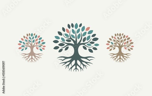 Three stylized trees with visible roots and colorful leaves on a light background