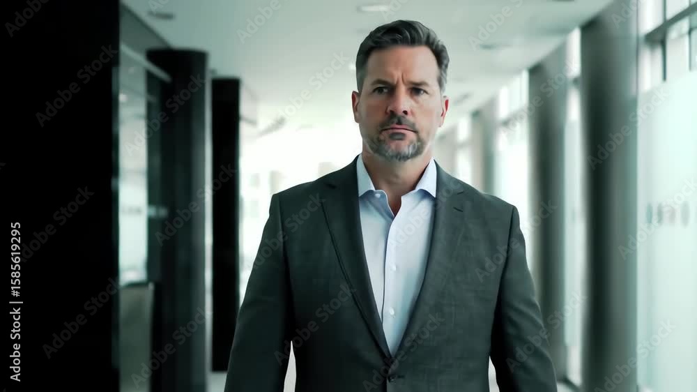 Serious middle-aged businessman in a suit walking towards the camera in a modern office hallway Serious middle-aged businessman in a suit walking towards the camera in a modern office hallway