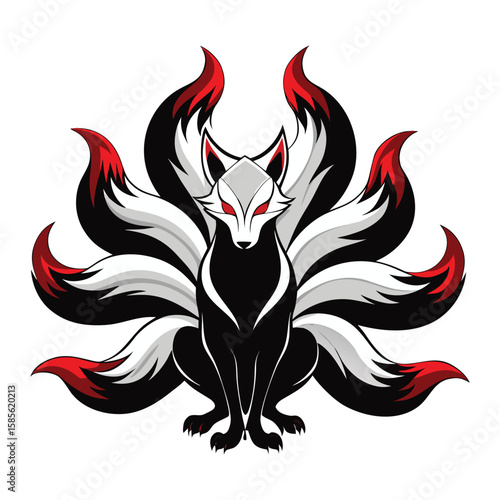 Black and white fox creature with nine red tipped tails kitsune mythical creature