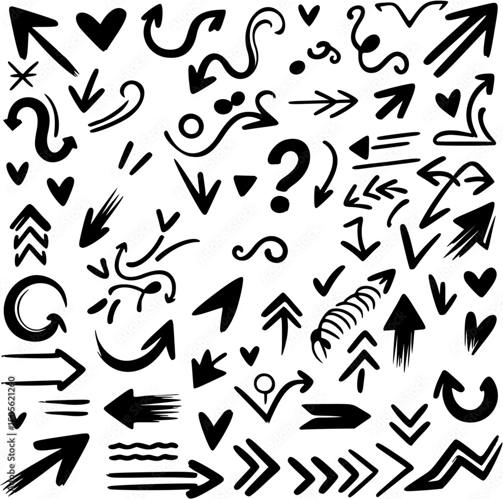 Fototapeta premium Grunge vector illustration with chalk-like doodles including motion arrows, zigzags, and bursts.