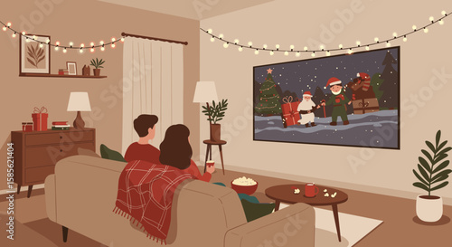 Siblings Watching Christmas Movie on Couch, Cozy Vector Scene