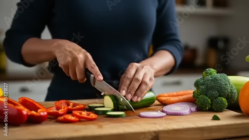 A person skillfully slicing fresh vegetables including bell peppers, cucumbers, and onions in a cozy kitchen