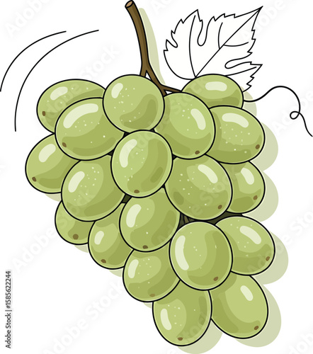 A cluster of ripe green grapes hangs from a vine, leaves slightly blurred in motion.