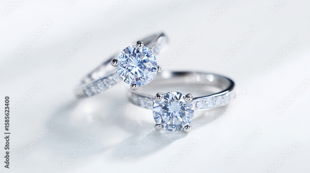Fototapeta premium Elegant diamond rings with brilliant stones, showcasing exquisite craftsmanship and sparkle on a soft, reflective surface.