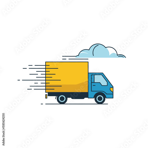 Fast delivery truck with yellow cargo box moving quickly under a cloud