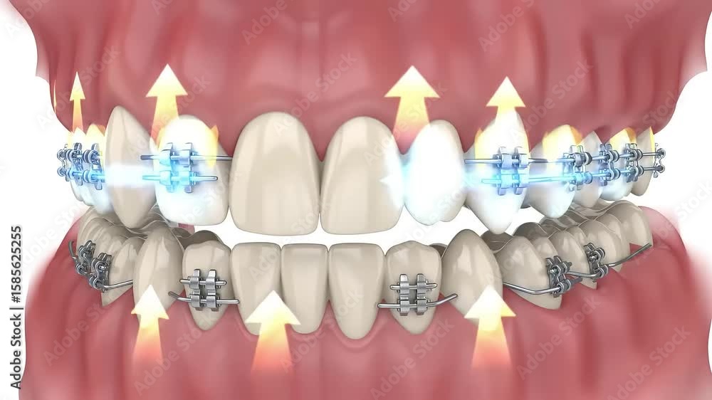 Illustration of human teeth with braces. The image shows a close-up ...