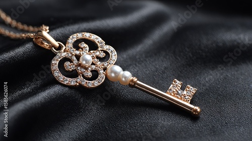 Elegant gold key necklace adorned with sparkling jewels and pearls against a soft black fabric background.