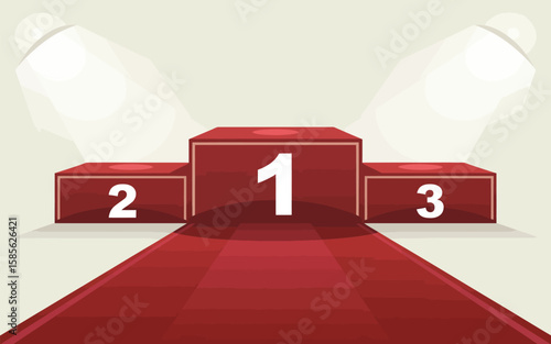 Red carpet leads to a winners podium with spotlights highlighting first second and third place