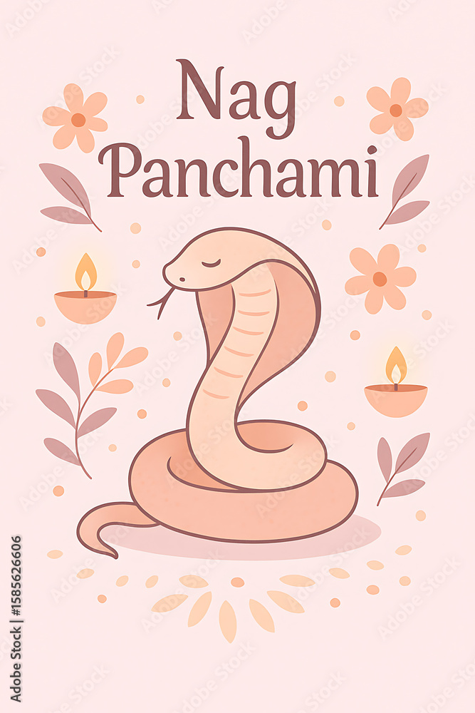 Obraz premium Artistic Nag Panchami Festival Design with Snake, Oil Lamps, Floral Elements, and Decorative Leaves, Indian Celebration Art