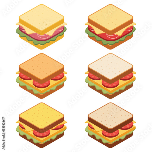Collection of six isometric sandwiches with various fillings on white background