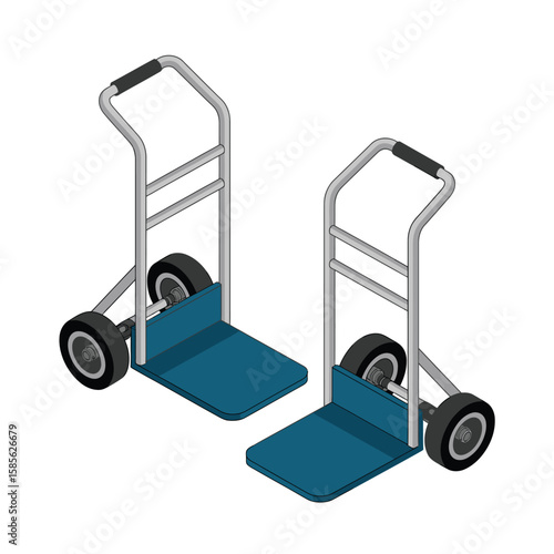 Two blue and silver hand trucks or dollies with black wheels on a white background