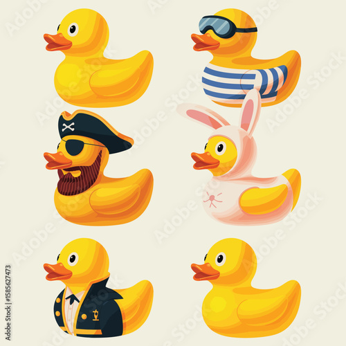 Collection of six cute yellow rubber ducks dressed in costumes and accessories