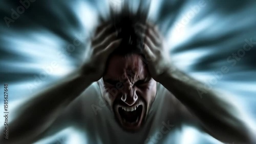 Man screaming, hands on his head, radiating lines of light behind, conveying overwhelming stress and fear in a blurred, intense scene