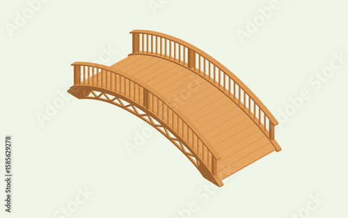 Arched wooden garden bridge with railings on a light green background