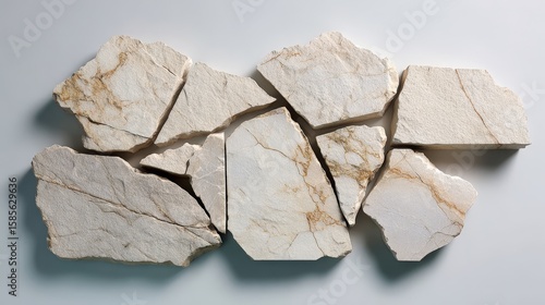 Broken white marble pieces with brown veining arranged against a light background.