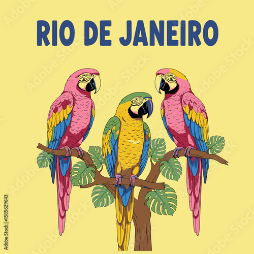 Tropical bird graphic print design. Tropical vibes t shirt artwork. Summer vibes artwork. Macaw paradise design.