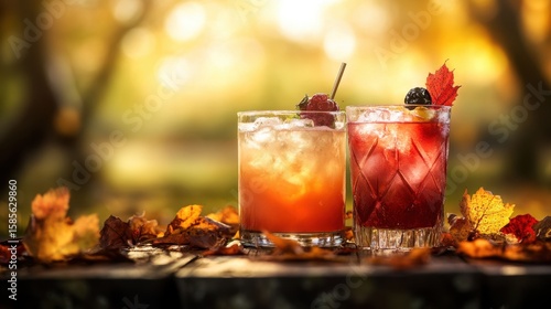 Fototapeta Naklejka Na Ścianę i Meble -  autumn cocktails with ice and berries sit on a wooden table surrounded by colorful fall leaves in golden sunlight