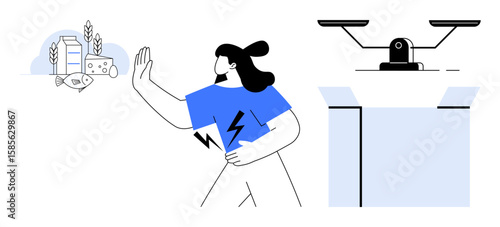 Woman refusing dairy products with gesture while holding her stomach. Allergic reaction and healthy choices. Ideal for health awareness, diet, allergies, lactose intolerance, sustainable eating