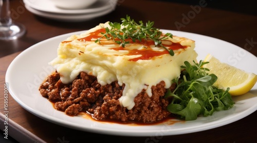 Delicious minced meat dish with mashed potatoes and lemon.