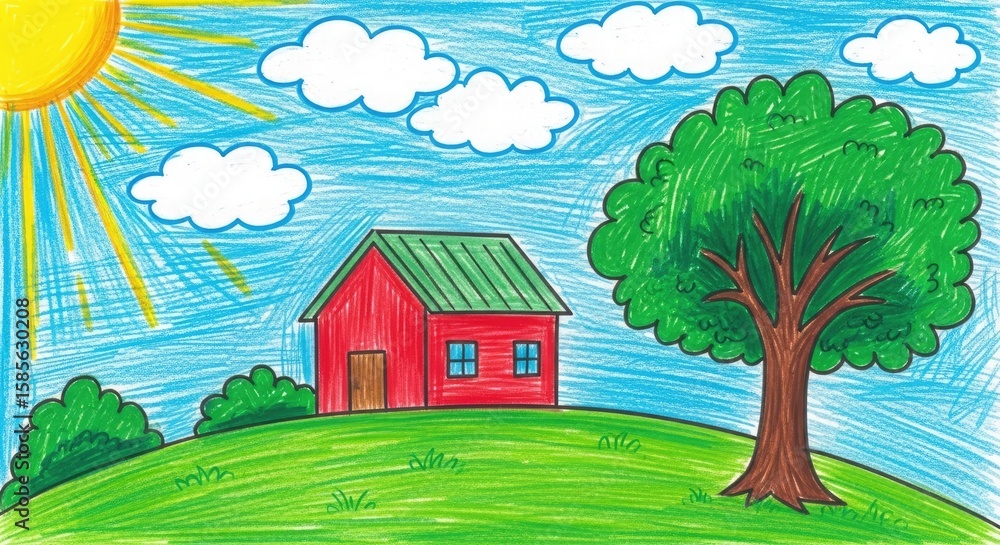 Fototapeta premium Red house green tree sunny day drawing child art