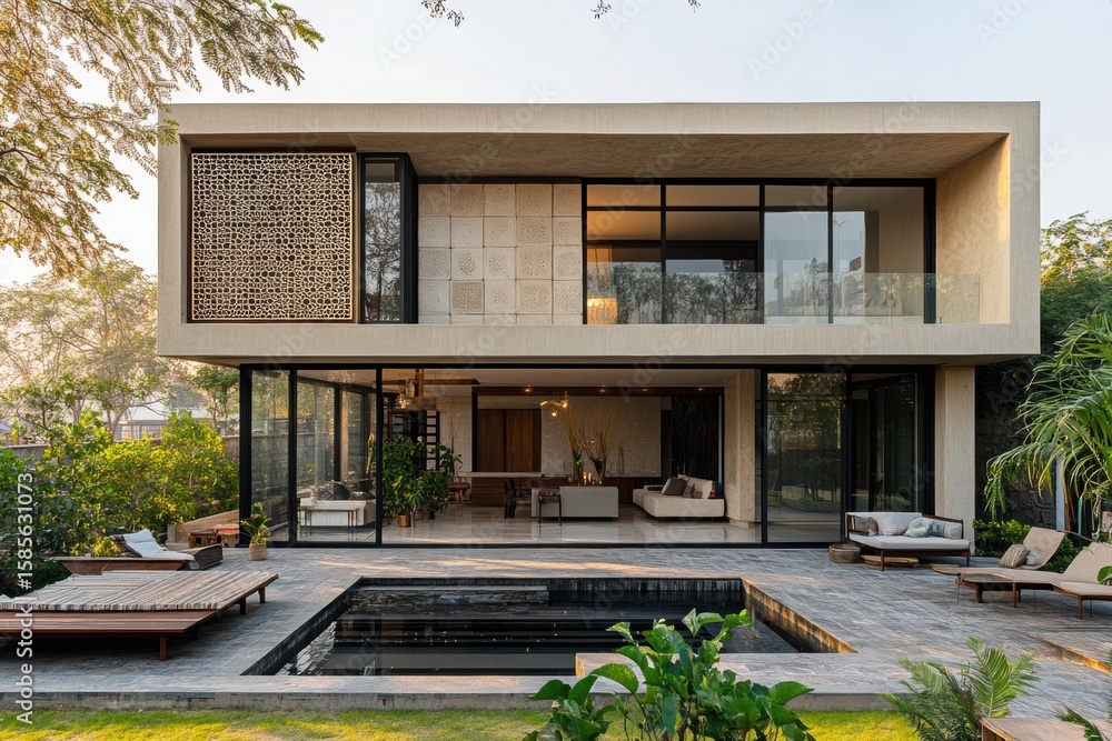 Fototapeta premium A minimal modernist house in Mumbai, India with an exterior made of beige stone and black metal windows, featuring outdoor seating around the poolside area, lush greenery on one side.