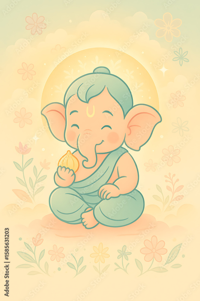 Cute cartoon Ganpati Bappa sitting with sweets in festive floral landscape, perfect for Ganesh Chaturthi celebration designs Cute cartoon Ganpati Bappa sitting with sweets in festive floral landscape, perfect for Ganesh Chaturthi celebration designs