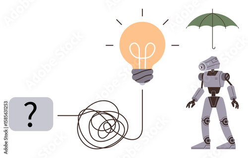 Robot standing near light bulb, tangled wire, and question mark, highlighting problem-solving, creativity, innovation, and protection. Ideal for automation, AI ideas brainstorming safety progress