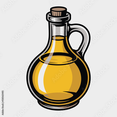 Glass bottle with handle filled with golden cooking oil and cork stopper