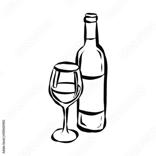 Whimsical chalk doodles of wine glass and bottle. Quirky icons of dinner meals in crayon style. Crayon drawing for menus and invitations. La dolce vita italian vector illustration