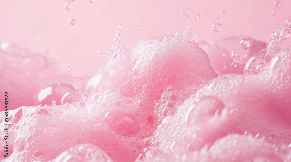 Fototapeta premium pink soap foam and bubbles with a soft pastel background, capturing a playful and fresh aesthetic