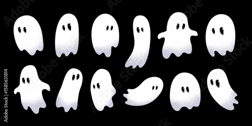Set of cute white cartoon Halloween ghosts. Minimalist hand drawn modern playful spirit silhouettes with grainy halftone texture. Various quirky shapes, icons, stickers. Vector isolated graphics.