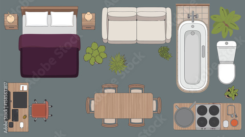 Top down view of a modern apartment layout with furniture and plants