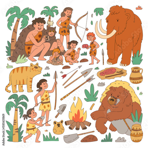 Prehistoric family and animals gathered around a campfire with hunting tools