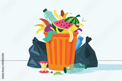 Overflowing orange trash can filled with food waste and plastic bottles