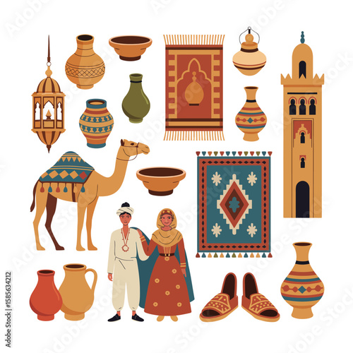 Collection of middle eastern cultural elements including camel people mosque lanterns and pottery