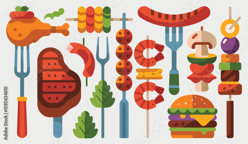 Collection of delicious barbecue food items and grilling utensils on white background