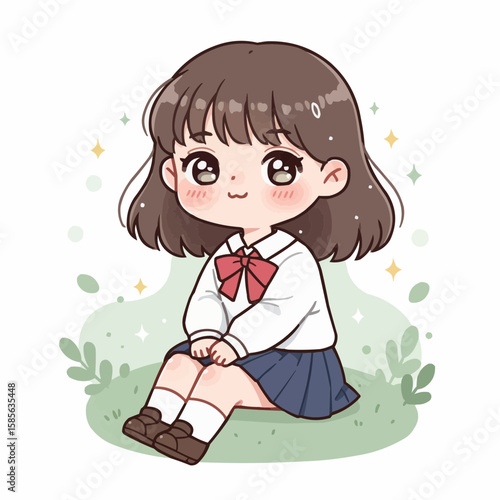 Cute schoolgirl character sitting on grass and smiling  
