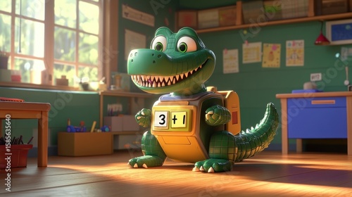 Cartoon dinosaur wearing backpack in classroom