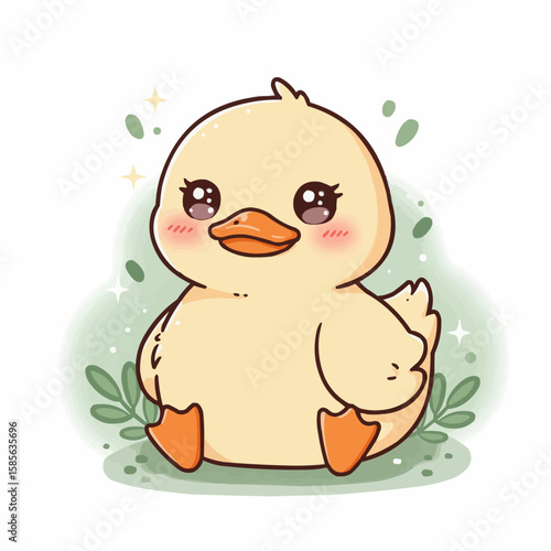 Cute cartoon duckling sitting on green background with leaves  