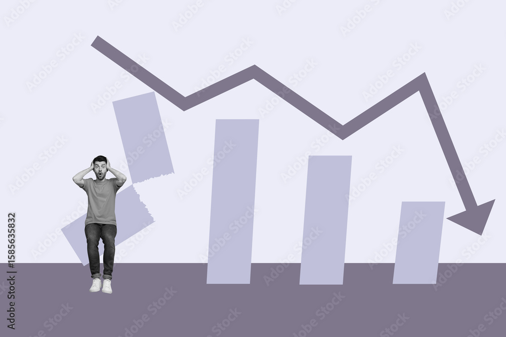 Obraz premium Trendy 3d poster image photo collage of inexperienced businesswoman businessman stand arrow decline regress statistics down