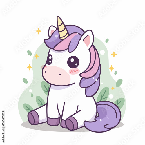 Cute unicorn character sitting happily with sparkling stars and leaves  