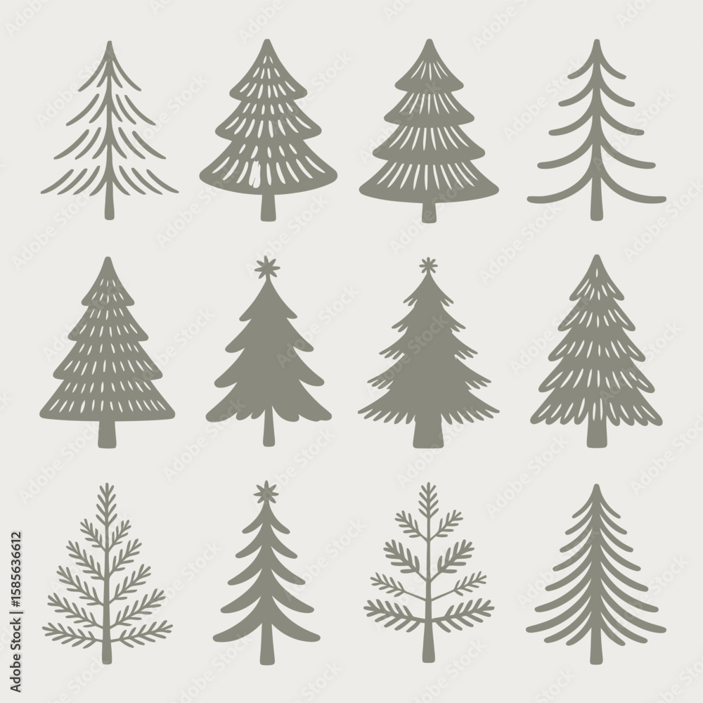 Obraz premium Collection of twelve stylized christmas trees in various designs and silhouettes