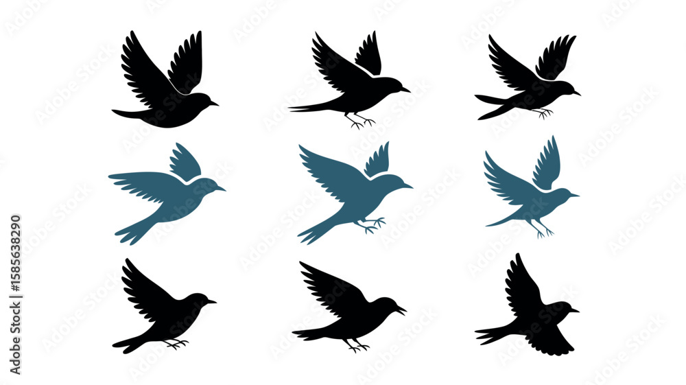 Fototapeta premium Flying bird silhouettes in black and blue representing freedom motion and wildlife in vector art 