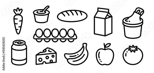 Collection of simple black line art icons representing various food items and groceries
