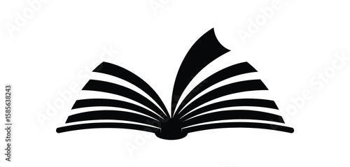 Stylized black open book with fanned pages on a white background