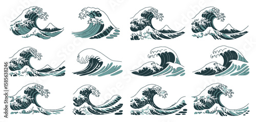 Collection of stylized japanese wave illustrations with mount fuji in the background