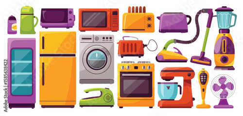 Collection of colorful kitchen and home appliances in a flat design style