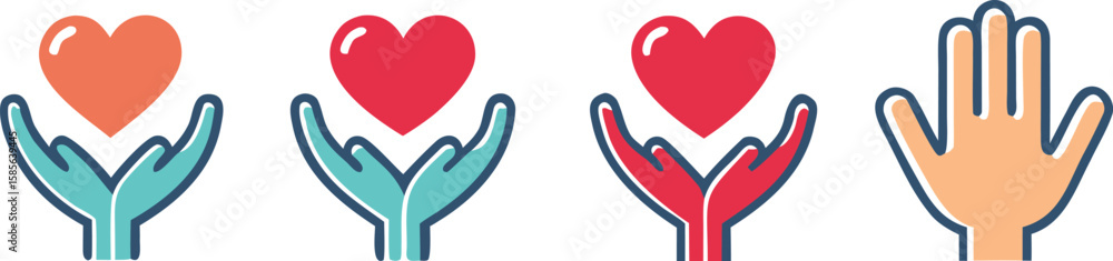Four Heart in Hand Icons Horizontal Set of Charity Love and Care Graphics Four Heart in Hand Icons Horizontal Set of Charity Love and Care Graphics
