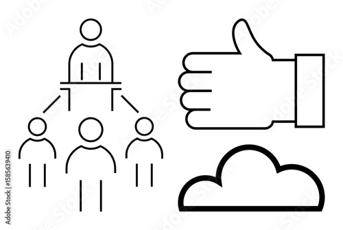 Team network with leader at top, large thumbs-up for approval, cloud representing technology. Ideal for teamwork, leadership, decision-making, communication, collaboration, positivity simple landing