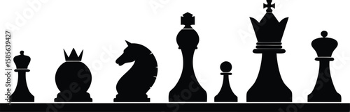 Black Silhouette Chess Pieces in a Horizontal Row